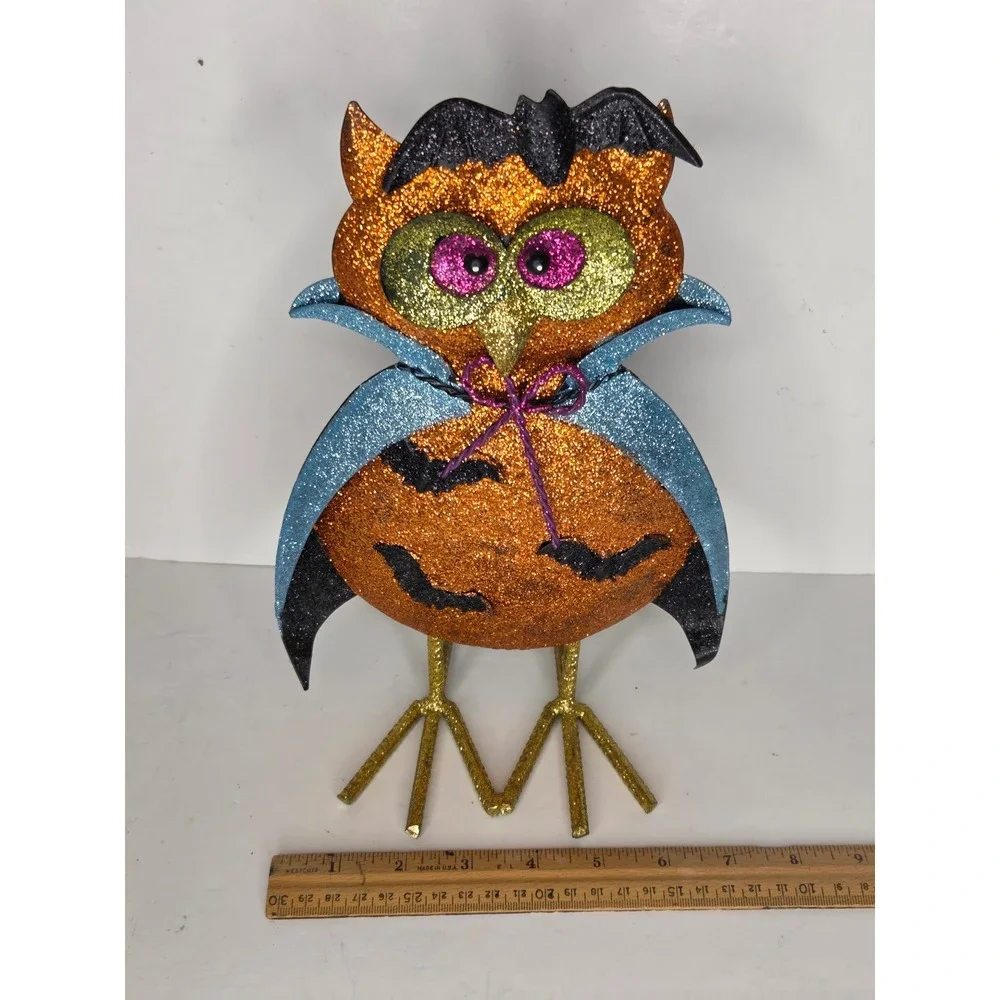 Halloween Vampire Owl Metal Glitter Tabletop Figurine Blue Cape Bat Decor 11.5in